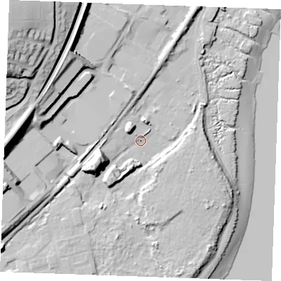 Shaded relief map of the ground around ME22WE, computed from Environment Agency LiDAR. The ground here sits at about 5 m above sea level and falls 43 m across the surrounding 800 m. Surface water reaching this point runs off ground lying to the west, 19.3 m higher.
