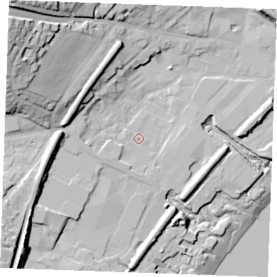 Shaded relief map of the ground around ME22WJ, computed from Environment Agency LiDAR. The ground here sits at about 4 m above sea level and falls 40 m across the surrounding 800 m. Surface water reaching this point runs off ground lying to the west-south-west, 4.9 m higher.