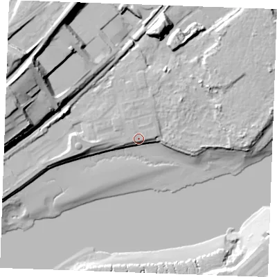 Shaded relief map of the ground around ME22ZA, computed from Environment Agency LiDAR. The ground here sits at about 7 m above sea level and falls 36 m across the surrounding 800 m. Surface water reaching this point runs off ground lying to the east-north-east, 6.3 m higher.
