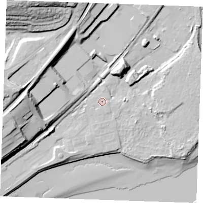 Shaded relief map of the ground around ME22ZD, computed from Environment Agency LiDAR. The ground here sits at about 6 m above sea level and falls 46 m across the surrounding 800 m. Surface water reaching this point runs off ground lying to the south-south-west, 1.0 m higher.