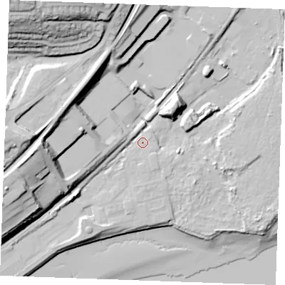 Shaded relief map of the ground around ME22ZE, computed from Environment Agency LiDAR. The ground here sits at about 6 m above sea level and falls 50 m across the surrounding 800 m. Surface water reaching this point runs off ground lying to the west-south-west, 11.3 m higher.