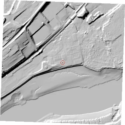 Shaded relief map of the ground around ME22ZF, computed from Environment Agency LiDAR. The ground here sits at about 7 m above sea level and falls 43 m across the surrounding 800 m. Surface water reaching this point runs off ground lying to the west-south-west, 3.0 m higher.