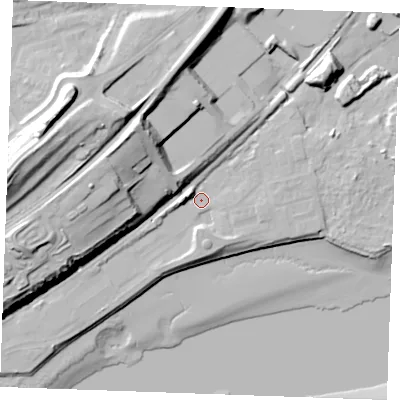 Shaded relief map of the ground around ME22ZG, computed from Environment Agency LiDAR. The ground here sits at about 6 m above sea level and falls 47 m across the surrounding 800 m. Surface water reaching this point runs off ground lying to the west, 7.7 m higher.