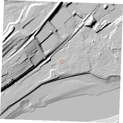 Shaded relief map of the ground around ME22ZH, computed from Environment Agency LiDAR. The ground here sits at about 7 m above sea level and falls 47 m across the surrounding 800 m. Surface water reaching this point runs off ground lying to the east-south-east, 1.5 m higher.
