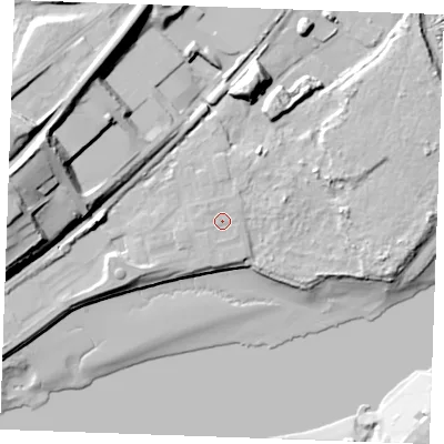Shaded relief map of the ground around ME22ZL, computed from Environment Agency LiDAR. The ground here sits at about 7 m above sea level and falls 36 m across the surrounding 800 m. Surface water reaching this point runs off ground lying to the west-south-west, 1.3 m higher.
