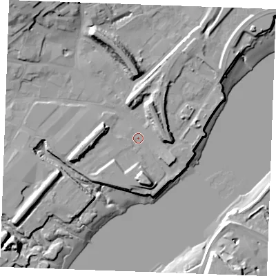 Shaded relief map of the ground around ME24AB, computed from Environment Agency LiDAR. The ground here sits at about 4 m above sea level and falls 19 m across the surrounding 800 m. Surface water reaching this point runs off ground lying to the south-south-east, 7.0 m higher.