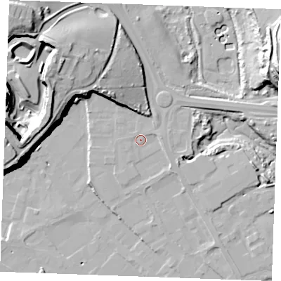 Shaded relief map of the ground around ME24AD, computed from Environment Agency LiDAR. The ground here sits at about 5 m above sea level and falls 36 m across the surrounding 800 m. Surface water reaching this point runs off ground lying to the north-east, 1.1 m higher.