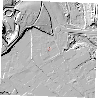 Shaded relief map of the ground around ME24AF, computed from Environment Agency LiDAR. The ground here sits at about 5 m above sea level and falls 36 m across the surrounding 800 m. Surface water reaching this point runs off ground lying to the north-east, 2.1 m higher.