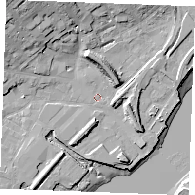 Shaded relief map of the ground around ME24AG, computed from Environment Agency LiDAR. The ground here sits at about 4 m above sea level and falls 28 m across the surrounding 800 m. Surface water reaching this point runs off ground lying to the north-west, 15.6 m higher.