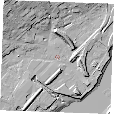 Shaded relief map of the ground around ME24AH, computed from Environment Agency LiDAR. The ground here sits at about 4 m above sea level and falls 29 m across the surrounding 800 m. Surface water reaching this point runs off ground lying to the north-west, 19.3 m higher.