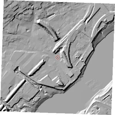 Shaded relief map of the ground around ME24AP, computed from Environment Agency LiDAR. The ground here sits at about 4 m above sea level and falls 21 m across the surrounding 800 m. Surface water reaching this point runs off ground lying to the north-west, 15.5 m higher.