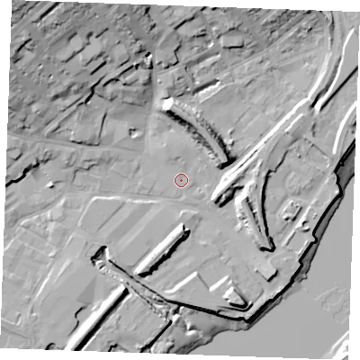 Shaded relief map of the ground around ME24AR, computed from Environment Agency LiDAR. The ground here sits at about 4 m above sea level and falls 30 m across the surrounding 800 m. Surface water reaching this point runs off ground lying to the north-west, 18.1 m higher.