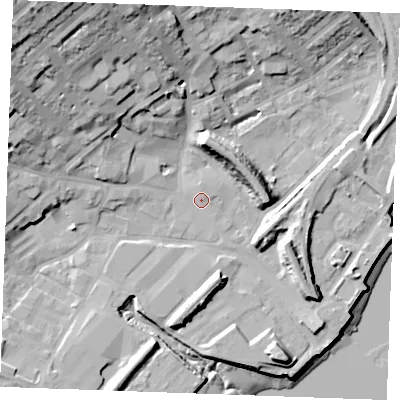 Shaded relief map of the ground around ME24AT, computed from Environment Agency LiDAR. The ground here sits at about 4 m above sea level and falls 33 m across the surrounding 800 m. Surface water reaching this point runs off ground lying to the north-west, 21.2 m higher.