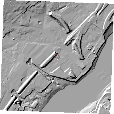 Shaded relief map of the ground around ME24AU, computed from Environment Agency LiDAR. The ground here sits at about 4 m above sea level and falls 20 m across the surrounding 800 m. Surface water reaching this point runs off ground lying to the west-south-west, 5.7 m higher.