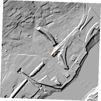 Shaded relief map of the ground around ME24AX, computed from Environment Agency LiDAR. The ground here sits at about 3 m above sea level and falls 27 m across the surrounding 800 m. Surface water reaching this point runs off ground lying to the north-west, 20.9 m higher.
