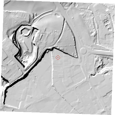 Shaded relief map of the ground around ME24AZ, computed from Environment Agency LiDAR. The ground here sits at about 5 m above sea level and falls 41 m across the surrounding 800 m. Surface water reaching this point runs off ground lying to the north-north-west, 16.5 m higher.
