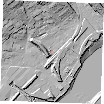Shaded relief map of the ground around ME24BA, computed from Environment Agency LiDAR. The ground here sits at about 3 m above sea level and falls 31 m across the surrounding 800 m. Surface water reaching this point runs off ground lying to the north-west, 25.2 m higher.