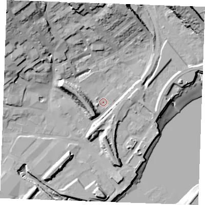 Shaded relief map of the ground around ME24BB, computed from Environment Agency LiDAR. The ground here sits at about 3 m above sea level and falls 33 m across the surrounding 800 m. Surface water reaching this point runs off ground lying to the south-west, 10.2 m higher.