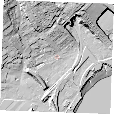Shaded relief map of the ground around ME24BD, computed from Environment Agency LiDAR. The ground here sits at about 3 m above sea level and falls 44 m across the surrounding 800 m. Surface water reaching this point runs off ground lying to the north-north-west, 32.2 m higher.
