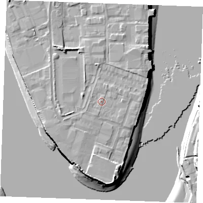 Shaded relief map of the ground around ME24BH, computed from Environment Agency LiDAR. The ground here sits at about 5 m above sea level and falls 18 m across the surrounding 800 m. Surface water reaching this point runs off ground lying to the west-south-west, 0.7 m higher.