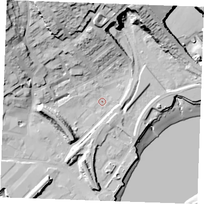 Shaded relief map of the ground around ME24BJ, computed from Environment Agency LiDAR. The ground here sits at about 3 m above sea level and falls 42 m across the surrounding 800 m. Surface water reaching this point runs off ground lying to the west-north-west, 19.6 m higher.