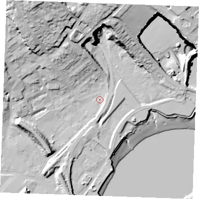 Shaded relief map of the ground around ME24BL, computed from Environment Agency LiDAR. The ground here sits at about 4 m above sea level and falls 44 m across the surrounding 800 m. Surface water reaching this point runs off ground lying to the east-south-east, 2.1 m higher.