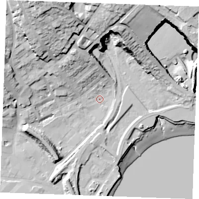 Shaded relief map of the ground around ME24BN, computed from Environment Agency LiDAR. The ground here sits at about 4 m above sea level and falls 45 m across the surrounding 800 m. Surface water reaching this point runs off ground lying to the north-north-east, 34.0 m higher.