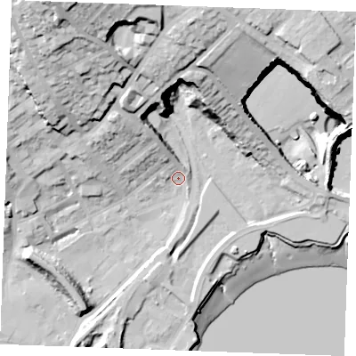 Shaded relief map of the ground around ME24BP, computed from Environment Agency LiDAR. The ground here sits at about 6 m above sea level and falls 47 m across the surrounding 800 m. Surface water reaching this point runs off ground lying to the north-north-west, 9.2 m higher.