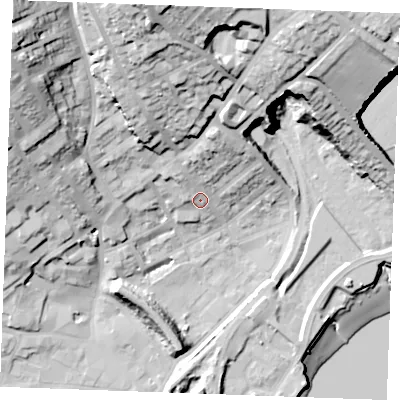 Shaded relief map of the ground around ME24BX, computed from Environment Agency LiDAR. The ground here sits at about 9 m above sea level and falls 47 m across the surrounding 800 m. Surface water reaching this point runs off ground lying to the north-north-east, 11.0 m higher.
