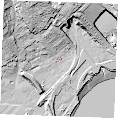Shaded relief map of the ground around ME24BY, computed from Environment Agency LiDAR. The ground here sits at about 4 m above sea level and falls 44 m across the surrounding 800 m. Surface water reaching this point runs off ground lying to the north-north-west, 32.9 m higher.