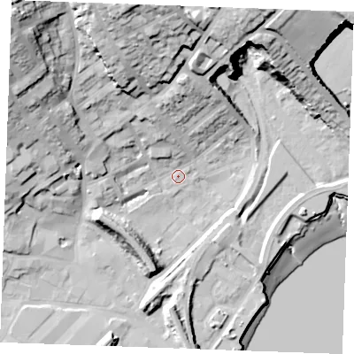 Shaded relief map of the ground around ME24DA, computed from Environment Agency LiDAR. The ground here sits at about 4 m above sea level and falls 41 m across the surrounding 800 m. Surface water reaching this point runs off ground lying to the north-north-west, 8.3 m higher.