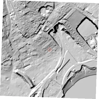 Shaded relief map of the ground around ME24DB, computed from Environment Agency LiDAR. The ground here sits at about 7 m above sea level and falls 47 m across the surrounding 800 m. Surface water reaching this point runs off ground lying to the north-north-east, 7.7 m higher.