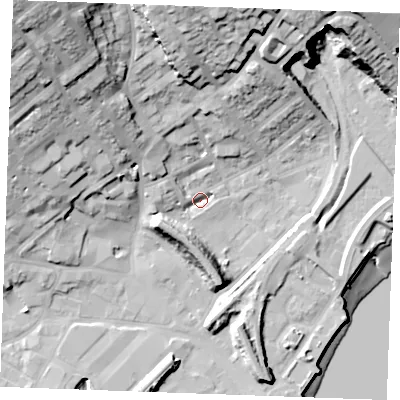 Shaded relief map of the ground around ME24DD, computed from Environment Agency LiDAR. The ground here sits at about 3 m above sea level and falls 43 m across the surrounding 800 m. Surface water reaching this point runs off ground lying to the west-south-west, 11.3 m higher.