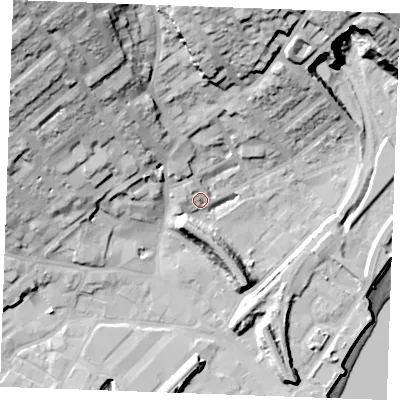 Shaded relief map of the ground around ME24DE, computed from Environment Agency LiDAR. The ground here sits at about 6 m above sea level and falls 45 m across the surrounding 800 m. Surface water reaching this point runs off ground lying to the north-west, 2.9 m higher.