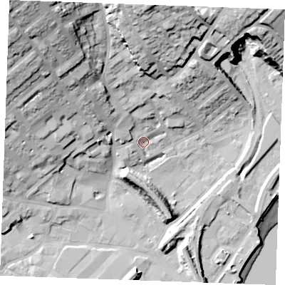 Shaded relief map of the ground around ME24DF, computed from Environment Agency LiDAR. The ground here sits at about 5 m above sea level and falls 48 m across the surrounding 800 m. Surface water reaching this point runs off ground lying to the north-west, 35.4 m higher.