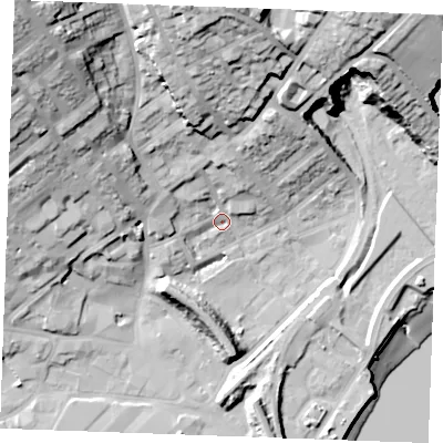 Shaded relief map of the ground around ME24DG, computed from Environment Agency LiDAR. The ground here sits at about 5 m above sea level and falls 46 m across the surrounding 800 m. Surface water reaching this point runs off ground lying to the north-west, 38.2 m higher.