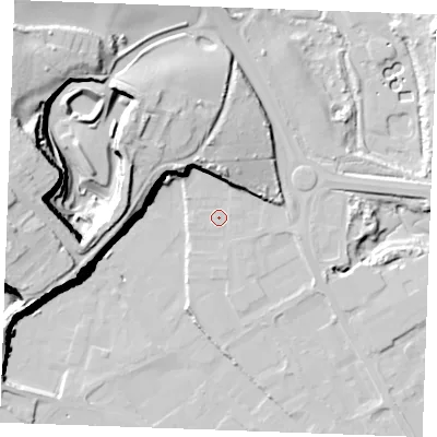Shaded relief map of the ground around ME24DJ, computed from Environment Agency LiDAR. The ground here sits at about 5 m above sea level and falls 40 m across the surrounding 800 m. Surface water reaching this point runs off ground lying to the west, 38.4 m higher.