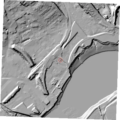 Shaded relief map of the ground around ME24DL, computed from Environment Agency LiDAR. The ground here sits at about 5 m above sea level and falls 37 m across the surrounding 800 m. Surface water reaching this point runs off ground lying to the north-east, 2.6 m higher.