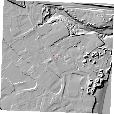 Shaded relief map of the ground around ME24DN, computed from Environment Agency LiDAR. The ground here sits at about 6 m above sea level and falls 20 m across the surrounding 800 m. Surface water reaching this point runs off ground lying to the south, 1.9 m higher.