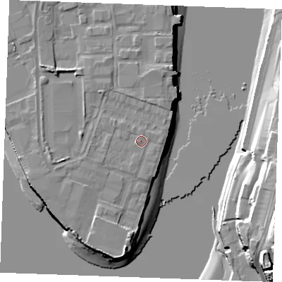 Shaded relief map of the ground around ME24DP, computed from Environment Agency LiDAR. The ground here sits at about 5 m above sea level and falls 24 m across the surrounding 800 m. Surface water reaching this point runs off ground lying to the west, 0.9 m higher.