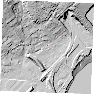 Shaded relief map of the ground around ME24DQ, computed from Environment Agency LiDAR. The ground here sits at about 4 m above sea level and falls 41 m across the surrounding 800 m. Surface water reaching this point runs off ground lying to the north-west, 35.3 m higher.
