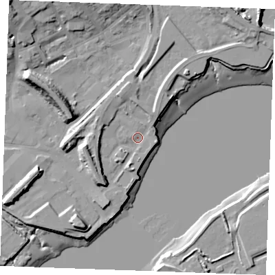 Shaded relief map of the ground around ME24DR, computed from Environment Agency LiDAR. The ground here sits at about 4 m above sea level and falls 19 m across the surrounding 800 m. Surface water reaching this point runs off ground lying to the west, 8.8 m higher.