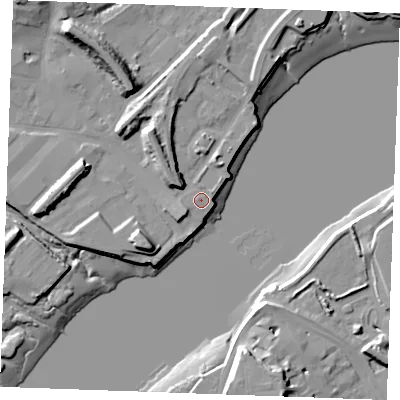 Shaded relief map of the ground around ME24DT, computed from Environment Agency LiDAR. The ground here sits at about 4 m above sea level and falls 19 m across the surrounding 800 m. Surface water reaching this point runs off ground lying to the west-north-west, 7.0 m higher.