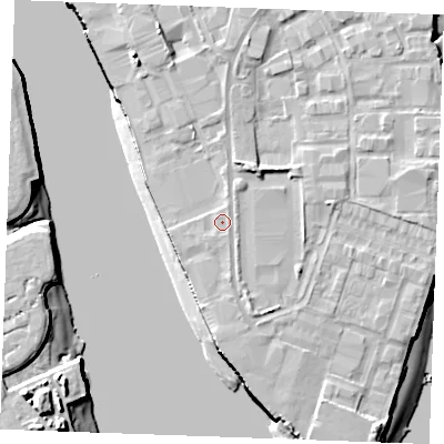 Shaded relief map of the ground around ME24DU, computed from Environment Agency LiDAR. The ground here sits at about 6 m above sea level and falls 13 m across the surrounding 800 m. Surface water reaching this point runs off ground lying to the south-south-east, 0.9 m higher.