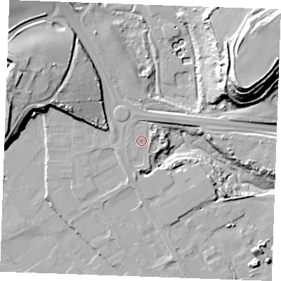 Shaded relief map of the ground around ME24DW, computed from Environment Agency LiDAR. The ground here sits at about 6 m above sea level and falls 34 m across the surrounding 800 m. Surface water reaching this point runs off ground lying to the east-north-east, 1.9 m higher.