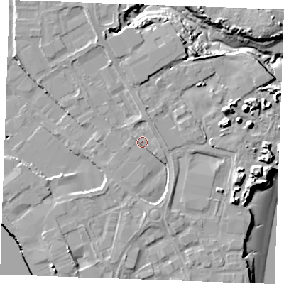 Shaded relief map of the ground around ME24DY, computed from Environment Agency LiDAR. The ground here sits at about 6 m above sea level and falls 16 m across the surrounding 800 m. Surface water reaching this point runs off ground lying to the south-south-east, 2.6 m higher.