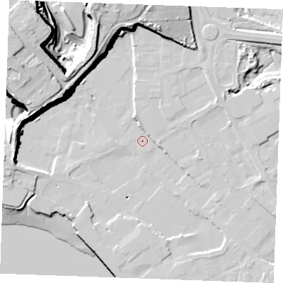 Shaded relief map of the ground around ME24DZ, computed from Environment Agency LiDAR. The ground here sits at about 3 m above sea level and falls 44 m across the surrounding 800 m. Surface water reaching this point runs off ground lying to the west-north-west, 35.3 m higher.