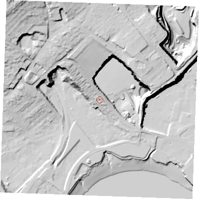 Shaded relief map of the ground around ME24EB, computed from Environment Agency LiDAR. The ground here sits at about 13 m above sea level and falls 58 m across the surrounding 800 m. Surface water reaching this point runs off ground lying to the north-north-west, 5.0 m higher.