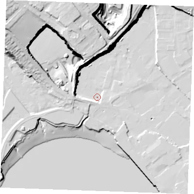 Shaded relief map of the ground around ME24ED, computed from Environment Agency LiDAR. The ground here sits at about 2 m above sea level and falls 45 m across the surrounding 800 m. Surface water reaching this point runs off ground lying to the west-south-west, 5.5 m higher.