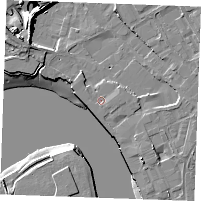 Shaded relief map of the ground around ME24EE, computed from Environment Agency LiDAR. The ground here sits at about 5 m above sea level and falls 41 m across the surrounding 800 m. Surface water reaching this point runs off ground lying to the east-north-east, 1.1 m higher.